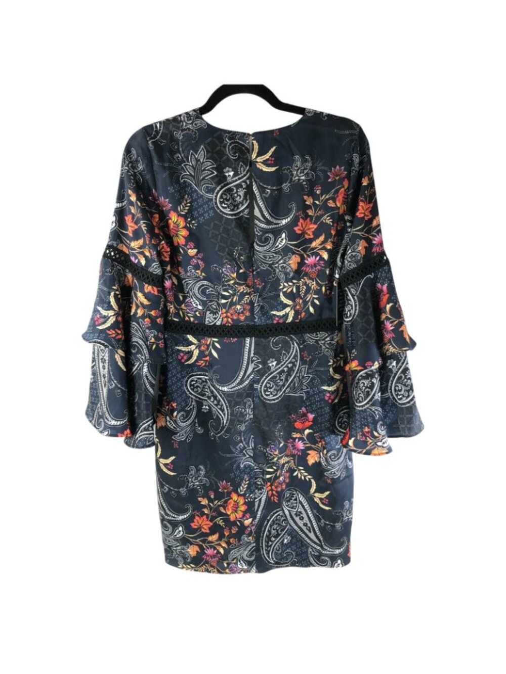 Alexia Admor Mini Dress Bell Sleeve Ruffle Floral Paisley Keyhole Navy Blue 2 - Picture 3 of 7